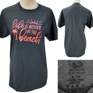 Fruit of the Loom Womens Small 36" Relax Gray Beach Life Shimmer Graphic T-shirt